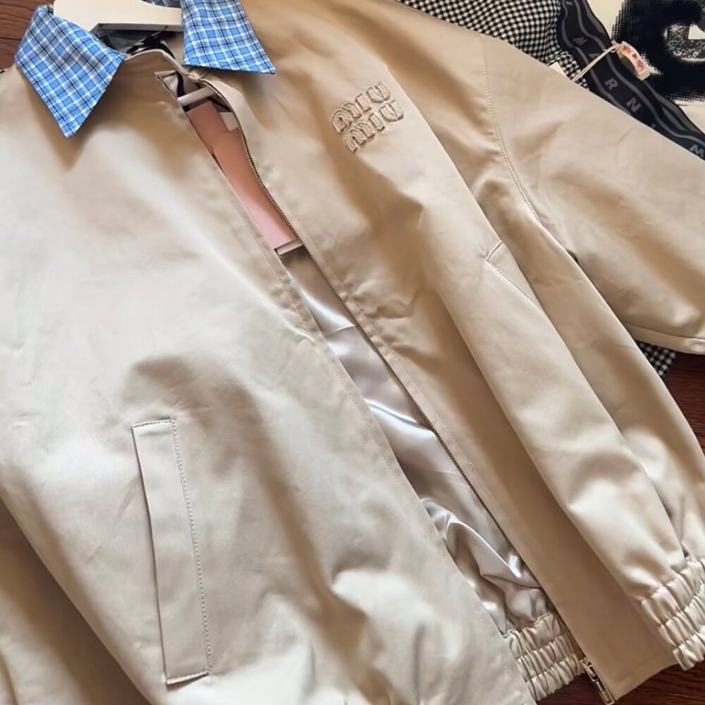 Miu Miu Women's Casual Zip-Collar Faux Two-Piece Jacket — Beige